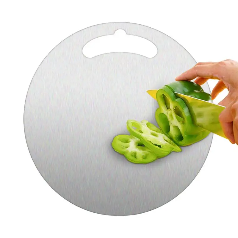 

Double Sided Steel Chopping Board Stainless Dough Kneading Board Hangable Handle Round Steak Thawing Board For Fruits Cutting