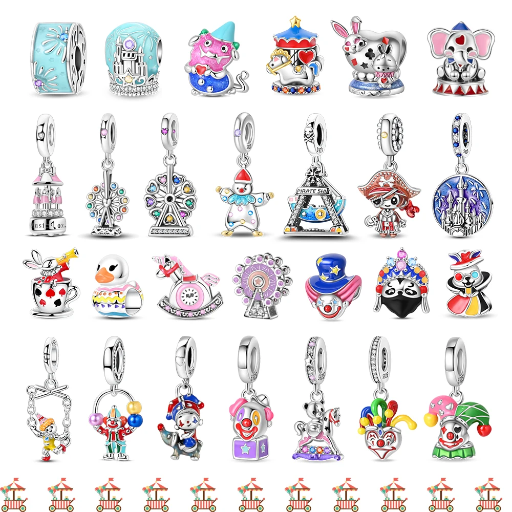 Parque de atracciones Plata de Ley 925 noria montaña rusa payaso de circo carrusel encanto ajuste DIY pulsera collar recuerdo