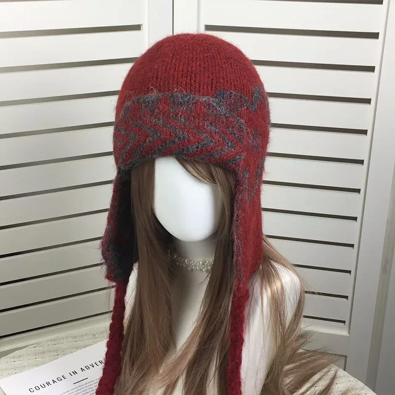 Herbst-Winter Koreanischer Stil Retro Jacquard Ohrenklappen-Strickmütze für Männer und Frauen Outdoor Mode Blumen-Jacquard Warme Bombermützen – Detail 3