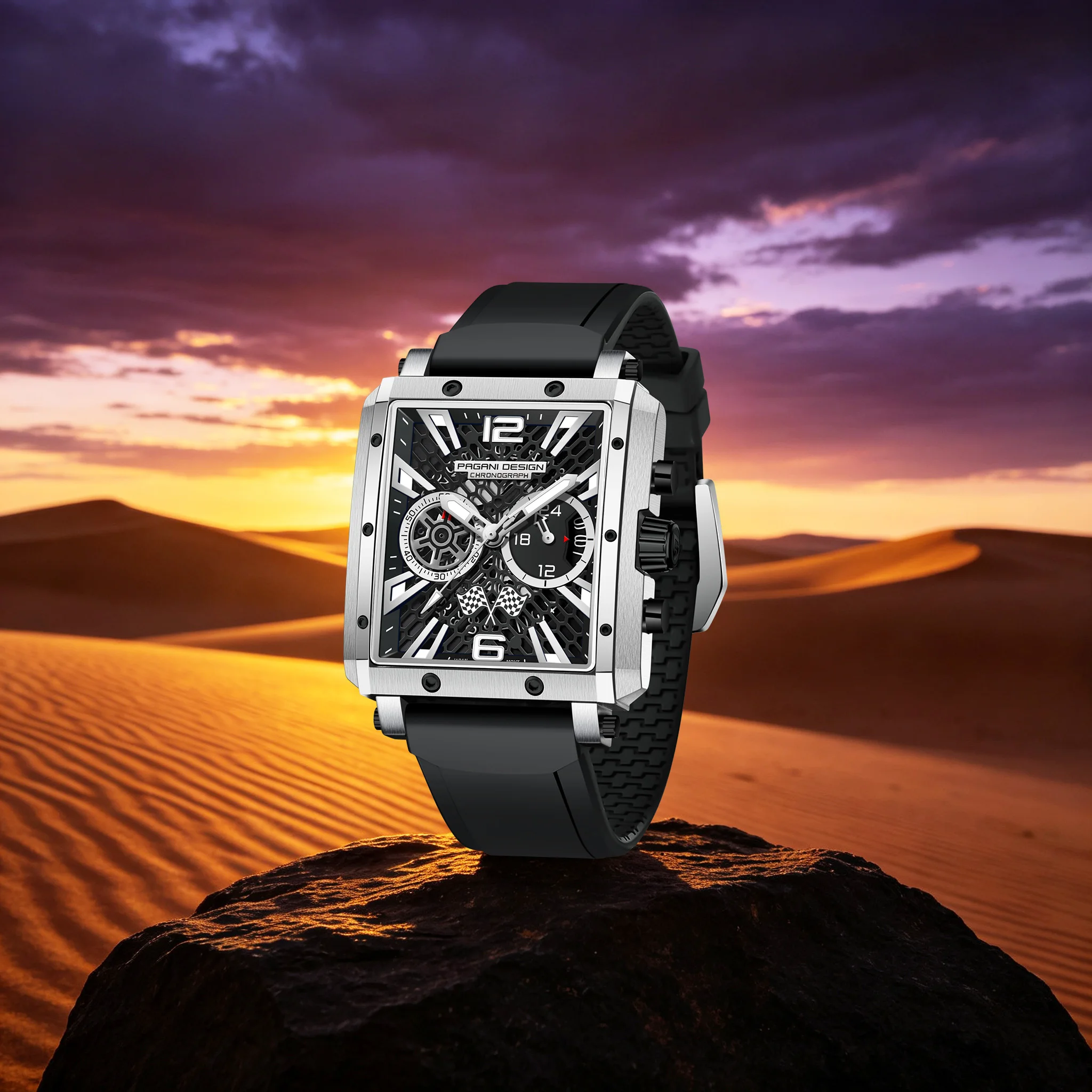PAGANI DESIGN Business Sport Men's Quartz Watch Skeleton Panda Dial Silicone Luminous Waterproof Watch Racing Style Chronograph