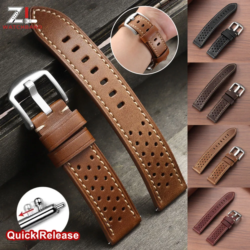 20mm 22mm Leather Watch Strap Breathable Porous Quick Release Bracelet for Seiko for Rolex Vintage Stitched Replacement Bracelet