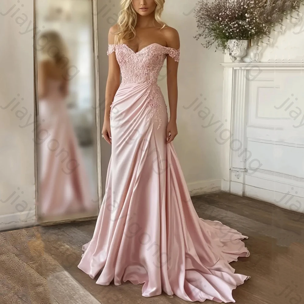

A-Line Satin Off The Shoulder Long Lace Prom Dresses Exquisite High Quality Backless Evening Party Gowns for Women Customized