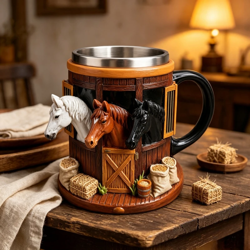 3D Horse Stable Resin Mug with Stainless Steel Liner, Creative Farmhouse Beer Cup for Horse Lovers and Home Bar Decor