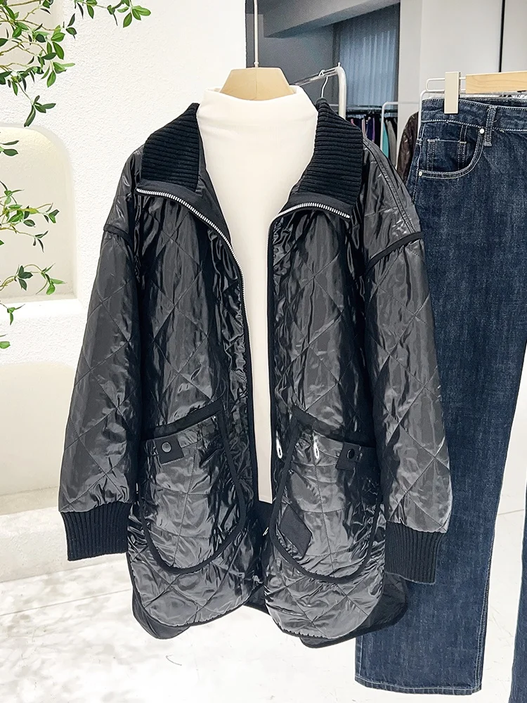 

Mimifa DM High-End Pure Original Hong Kong Agent Lattice Knitted Ne Bright Cotton Jaet Korean Sle Long Sve Zipper