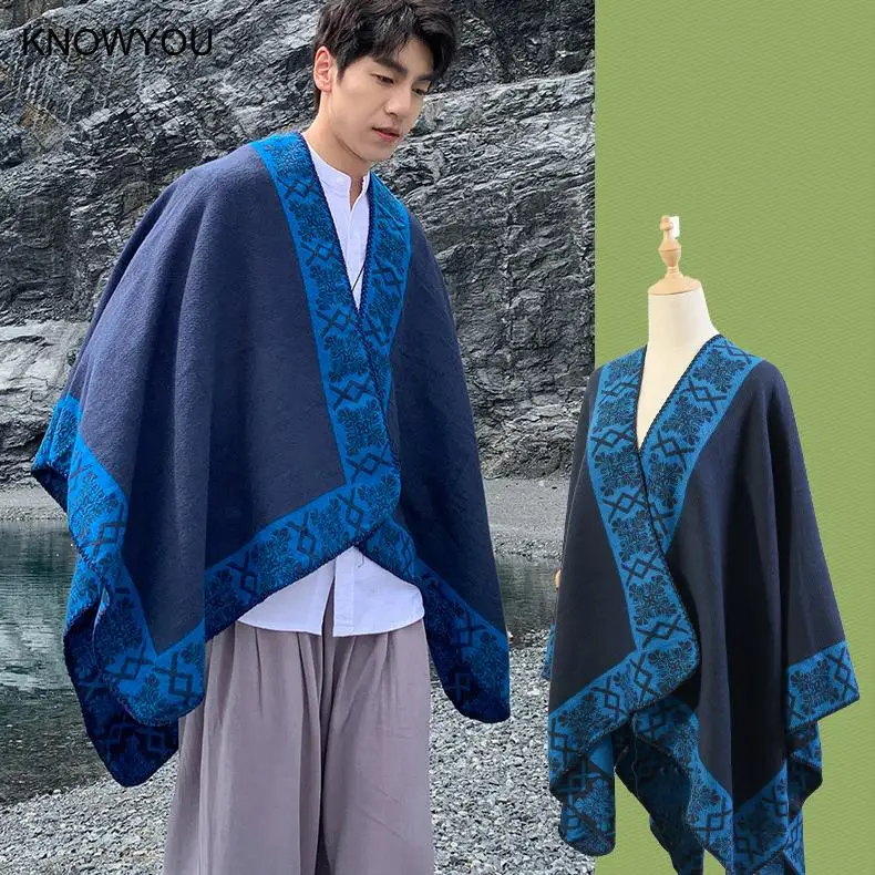 Imitation Cashmere Cloak Male Acquard Scarf Versatile Triangle Jacket 135*150Cm Ponchos Adult Pashmina Cape Loose Coats