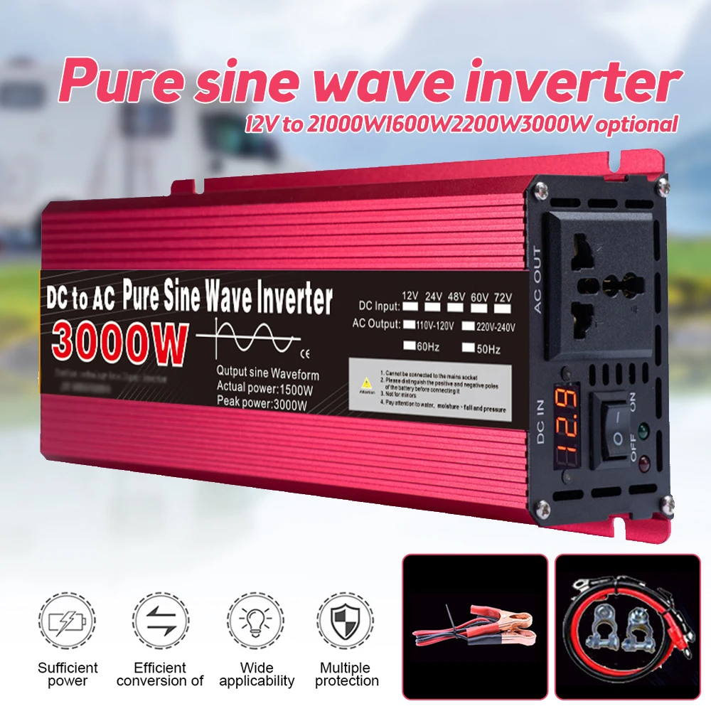 Car Pure Sine Wave Inverter 12V To 220V 50HZ Max Power 1000W 1600W 2200W 3000W Portable Power Bank Converter Solar Inverter