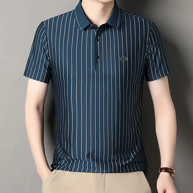 

Summer new men's short sleeved T-shirt, middle-aged and young men's vertical striped half sleeved polo collar T-shirt