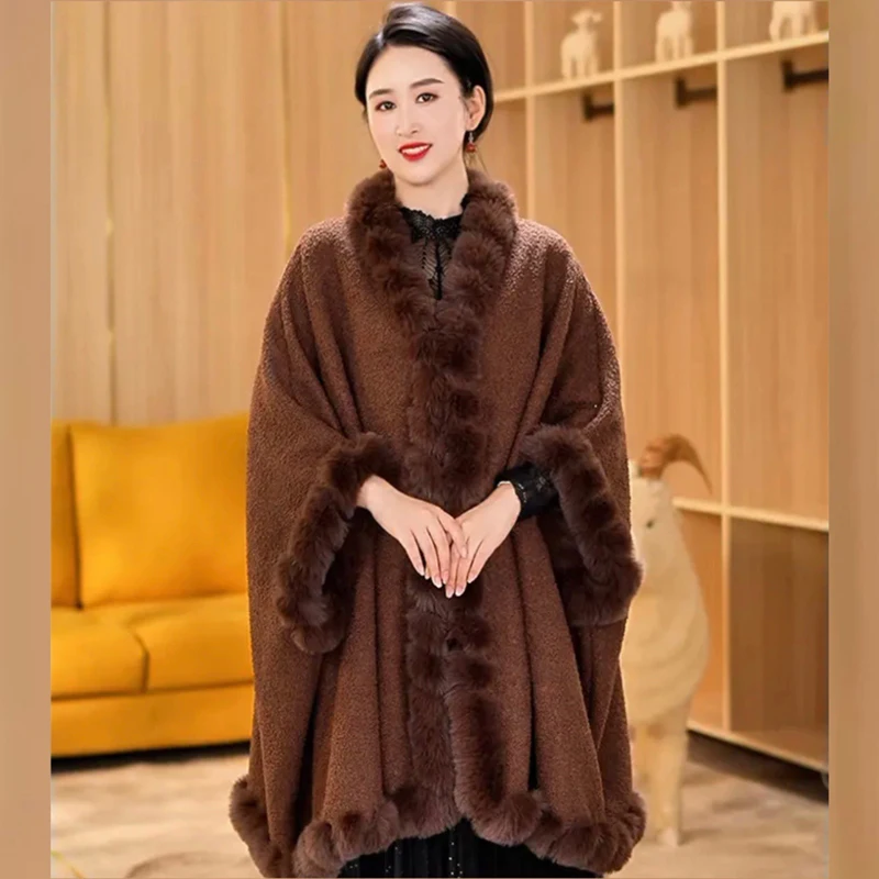 Fashion Wavy Faux Fur Trims Imitate Lamb Wool Coat Cloak Winter Women Batsleeve Overcoat Cape Wraps Thick Lining