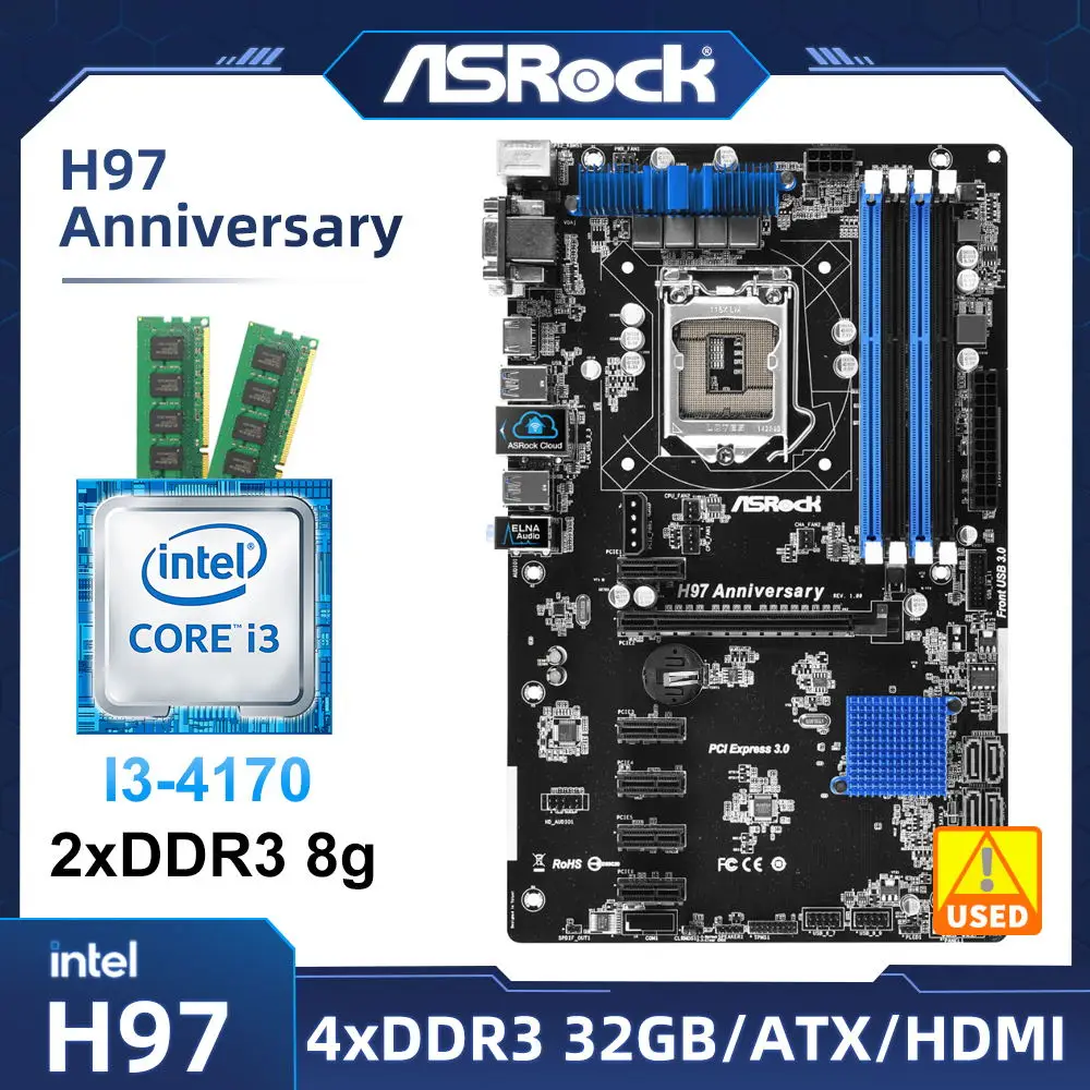 

LGA 1150 Motherboard set ASRock H97 ANNIVERSARY Motherboard kit with i3-4170 cpu +DDR3 8g*2 ram Intel H97 USB 3.1 PCI-E 3.0 ATX