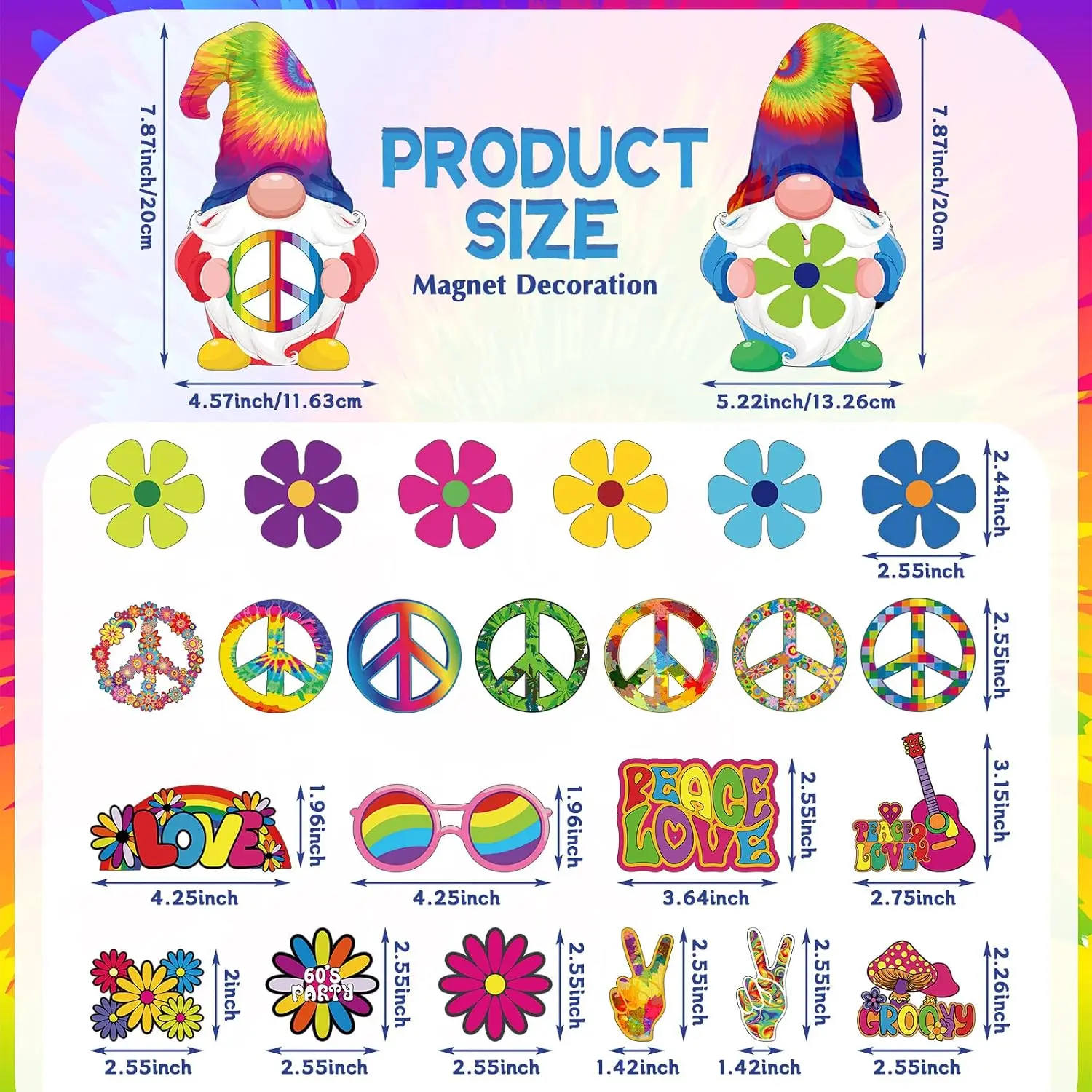 25Pcs Colorful 60s Hippie Peace Flower Love Magnetic Decals Car Fridge Mailbox Decorations