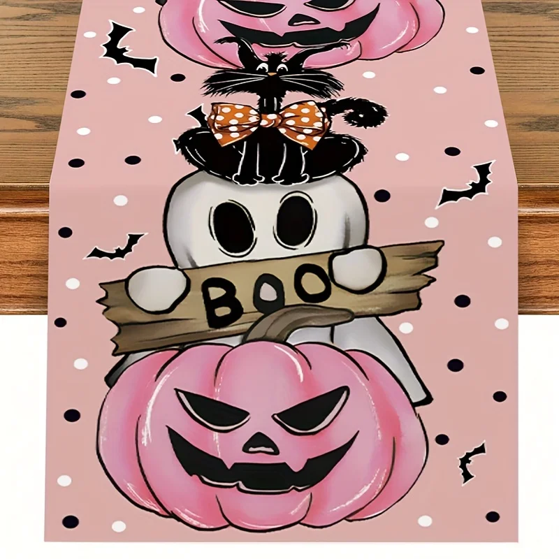 1pc Pink Pumpkin Ghost Boo Halloween Table Runner, Polyester Table Flag, Festive Home Spooky Party Dining Table Decor