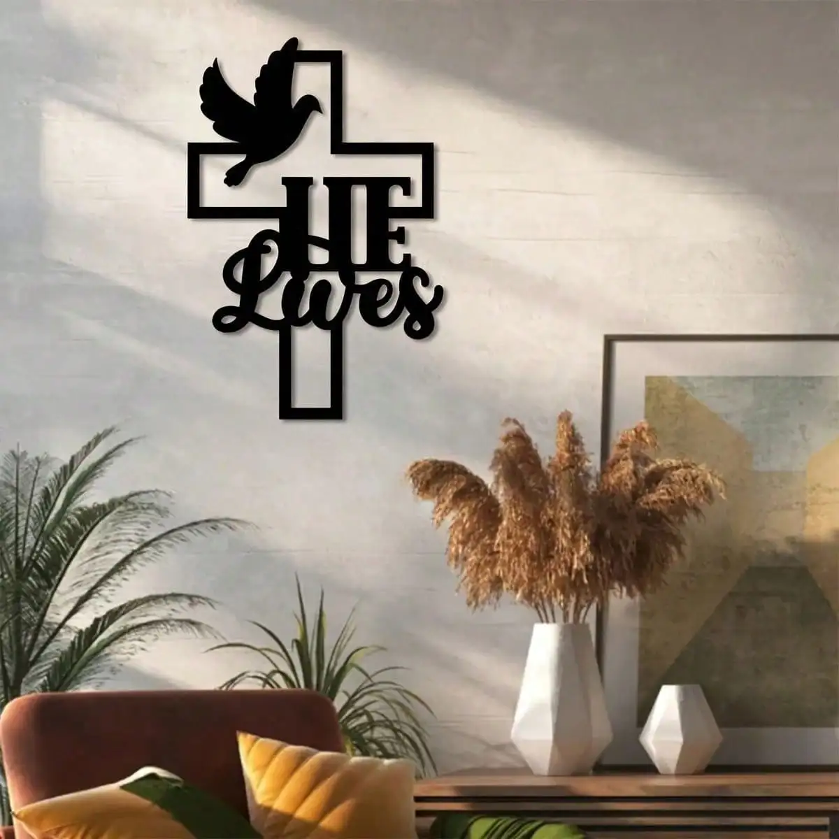 CIFBUY Iron Art Wall Sign Metal He Lives Cross Dove Christian Home Decor Hanging Art Gift Wall Sculpture