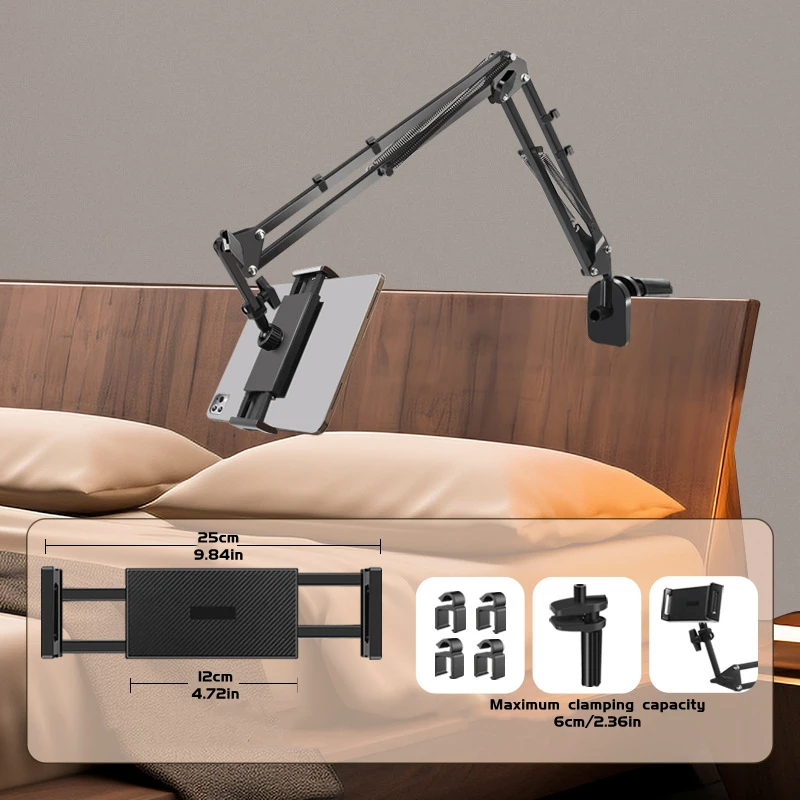 Adjustable Bed Tablet Holder Rotatable Long Arm Metal Desktop Tablet Bracket Mounts Clamp for 4.7-13