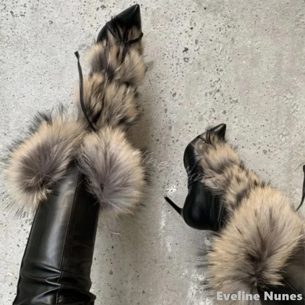 Furry Cross Straps Ankle Boots Women Black Leather Pointed Toe Stiletto Heel Luxury Mid Calf Boots Winter Catwalk Party Boots - Image 3