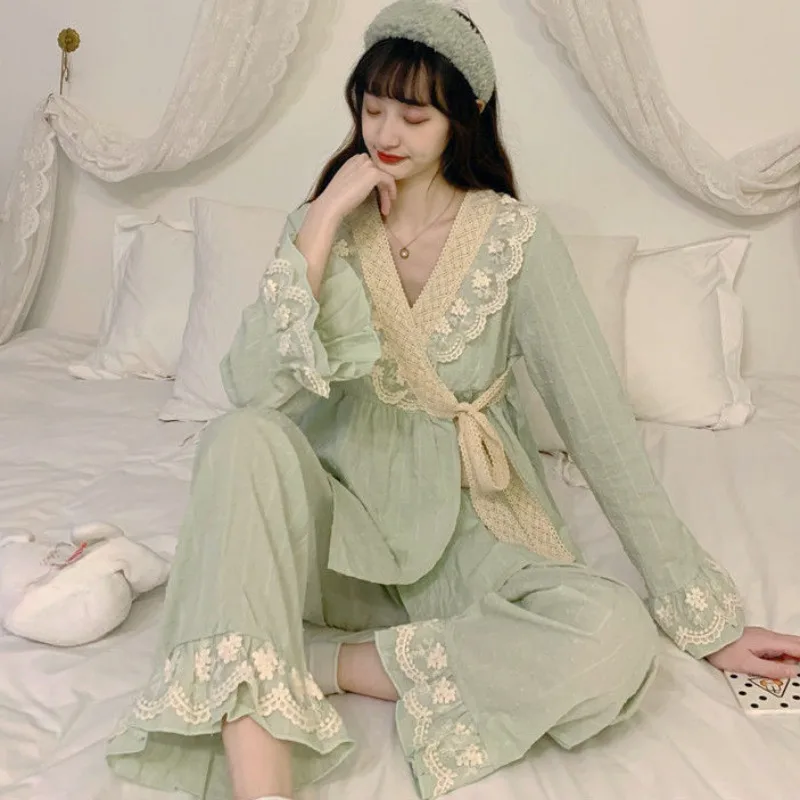 Japanese Kimono Pajamas Women\'s Spring Autumn Loungewear Suit Lace V-neck Sweet Princess Outerwear Home Clothing 2-piece Set