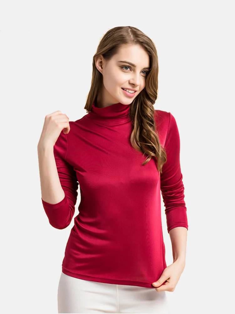 SuyaDream Women Turtleneck Long Sleeved Solid Pullovers Knitted Natural Silk Chic Bottoming T Shirt 2022 Spring Autumn TOP