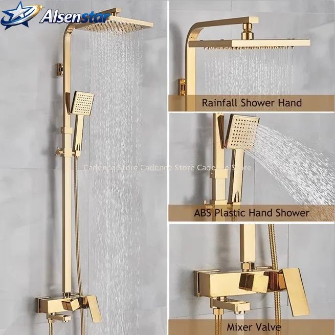 

Polished/Matte Golden Bathroom Shower Faucet 8" Square Rainfall Shower Column Wall Mount Bath Set Single Handle With Handshower
