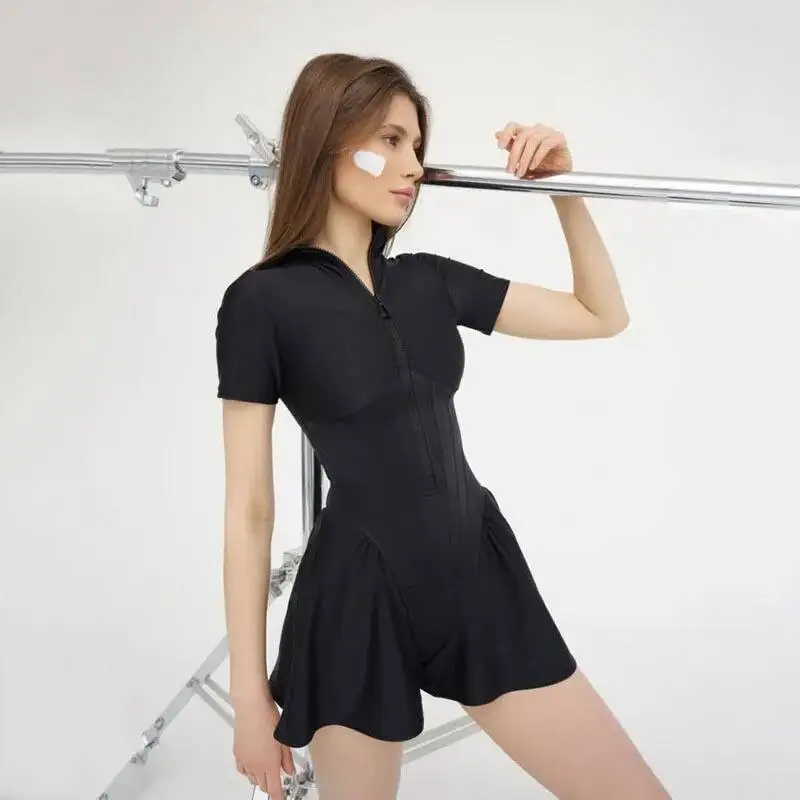 

Новый женский комбинезон S, однотонный спортивный комбинезон на молнии с круглым вырезом и коротким рукавом, женские летние сексуальные тонкие цельные комбинезоны