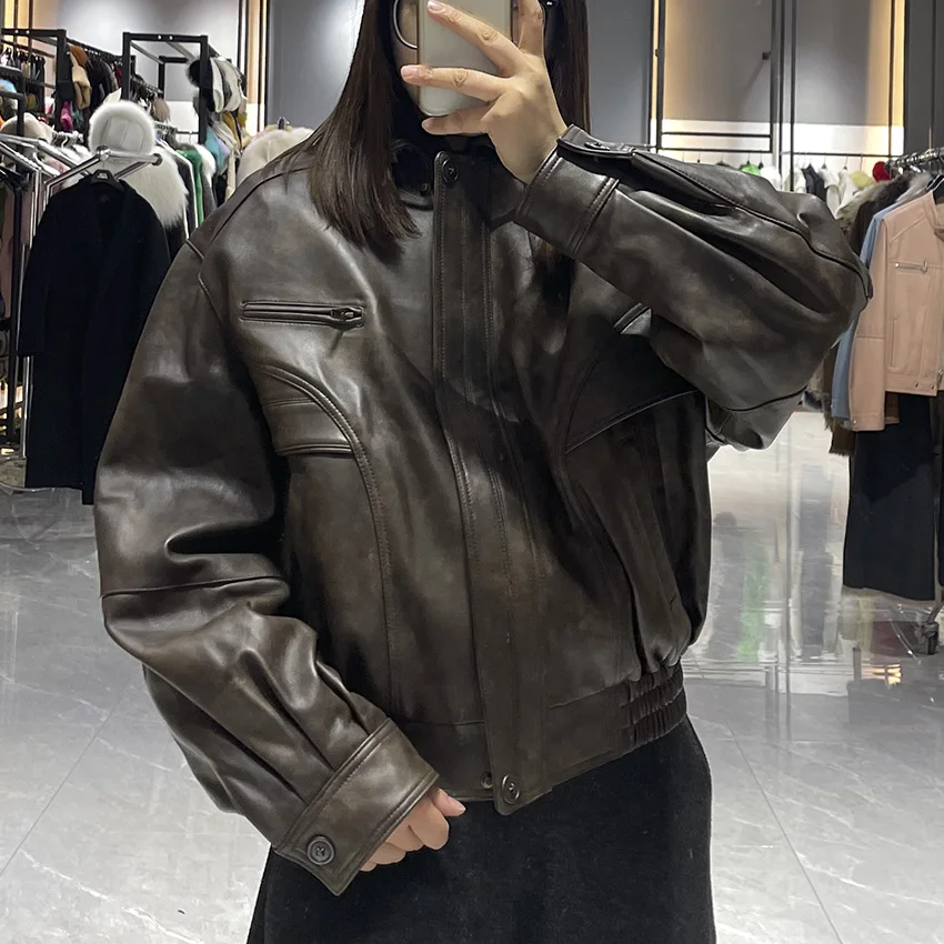 JANEFUR Giacca da donna in vera pelle Retro Marrone Vera pelle di pecora Giacche Cappotti Moda Autunno Chic Donna Casual JFB6-25007