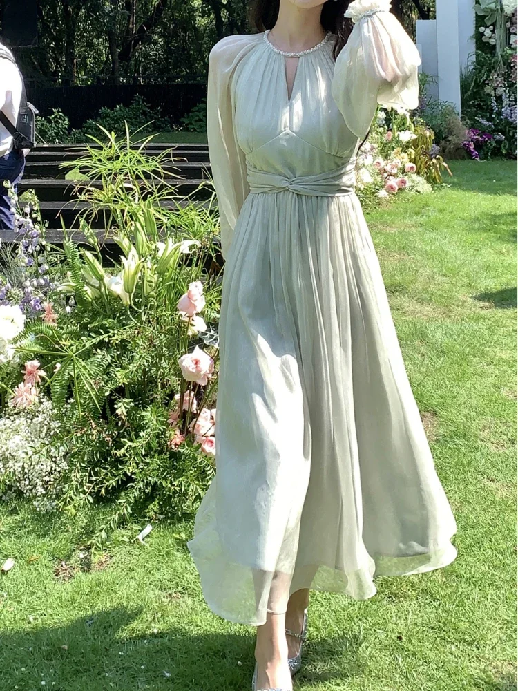 

Jielur Autumn Casual Elegant Chiffon Office Lady Dress Vintage Even Party Midi Dress Women Outwear One Piece Dress Chic Fashion