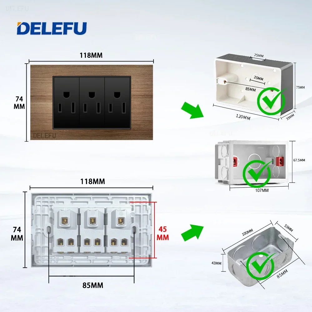 مقبس طاقة جداري DELEFU مع مفتاح إضاءة ، شحن سريع ، ألومنيوم مثل الخشب ، USB ، نوع C ، منفذ أمريكي قياسي ، قابس أمريكي مكسيكي ، × 72 *