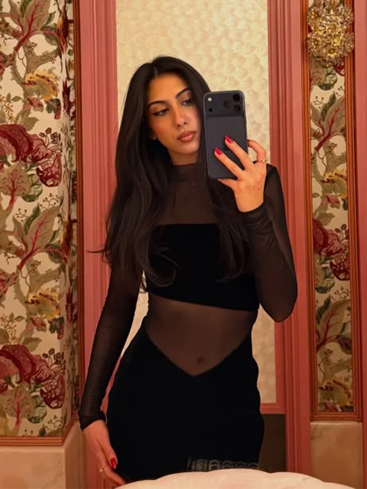 Solide Mesh Patchwork Maxi Kleider Für Frauen Mode Sexy Streetwear Volle Hülsen Hüfte Wrap Sheer Lange Vestidos Roben Weibliche Dünne