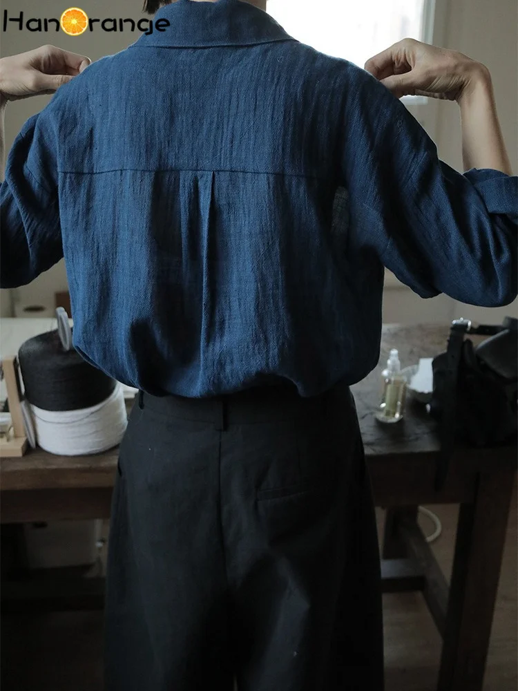 HanOrange 2025 Lightweight Silhouette Bamboo Knot Texture Shirt women Lyocell Linen Drape Breathable Top White/Blue