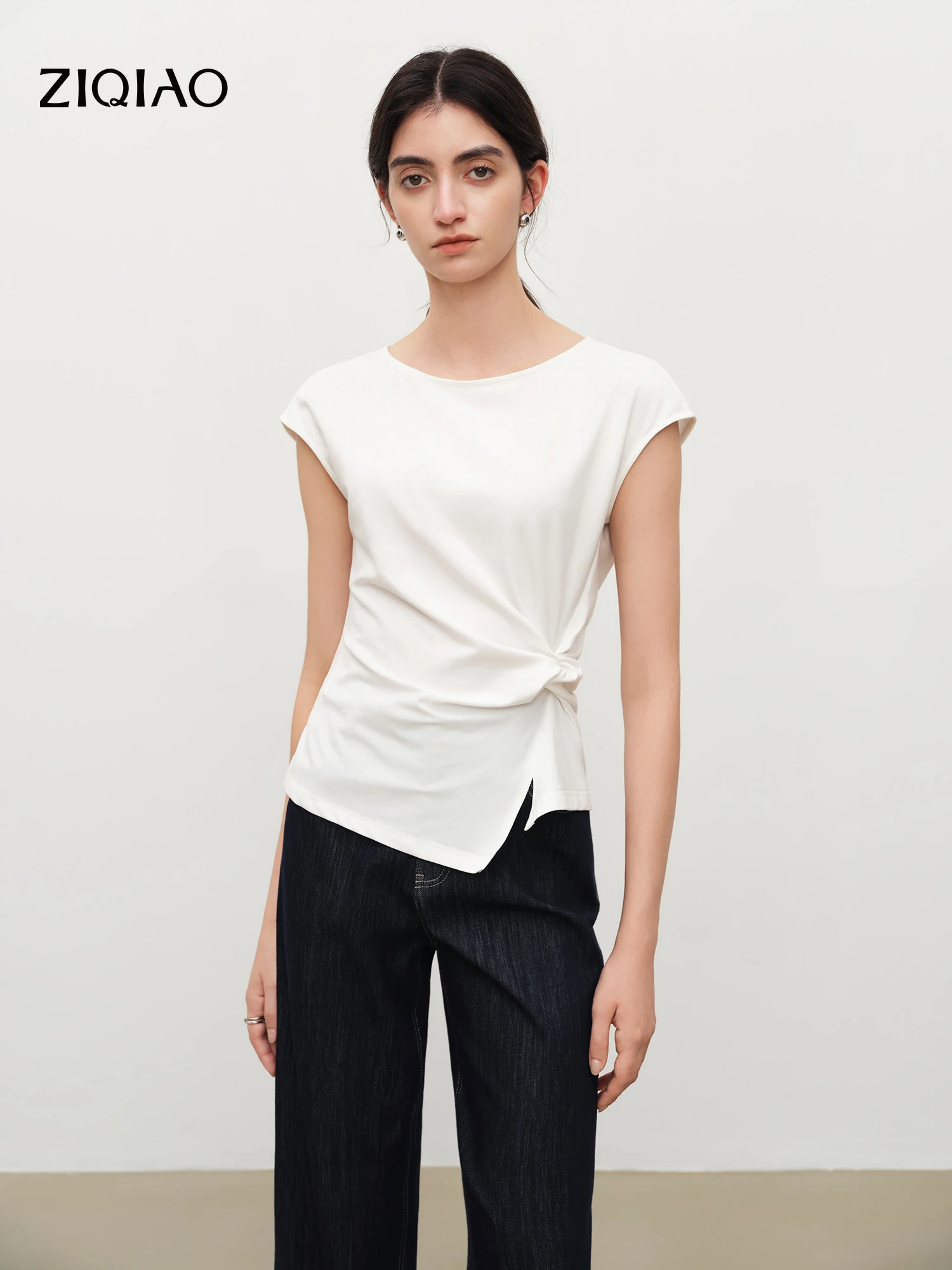 ZIQIAO 2026 New Summer Women Twist Front Slim Fit Crew Neck T-Shirt, White Knot Top for Coquette & Quiet Luxury Daily Style