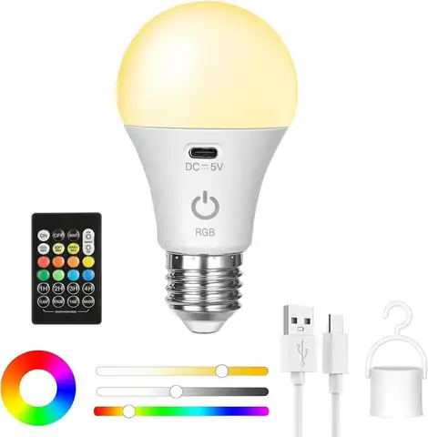 원격 제어 기능이 있는 충전식 전구 Dim & RGB, 타이머, E27 베이스, 가정용 또는 실외용 백업 비상 조명