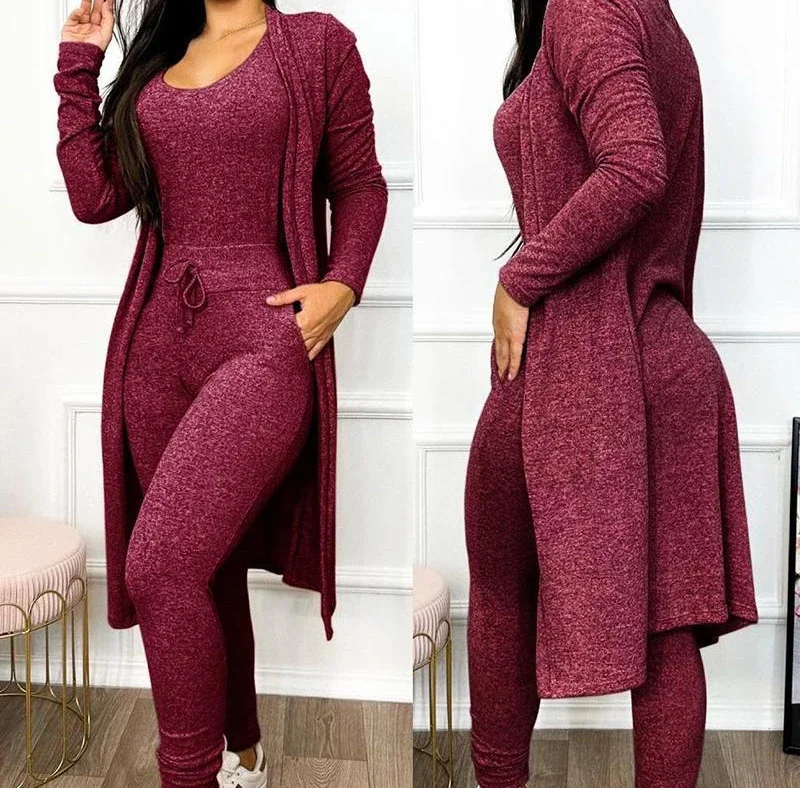 Two Piece Sets Womens Outifits 2024 Autumn Sexy Round Neck Printing Bandhnu Solid Color Long Jumpsuit Long Coat Casual Suit