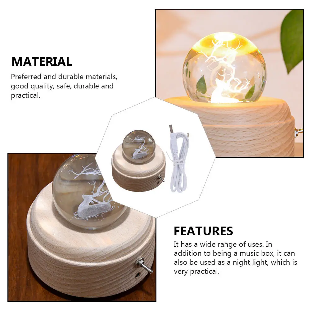 

1Set Rechargeable Elk Inside Crystal Ball Music Box Small Night Light Wood Base Desktop Decor Crystal Ball Music Box