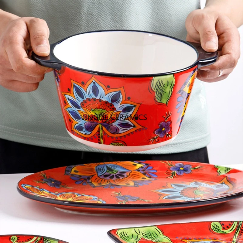 

1pc Ceramic Soup Bowls and Tableware Hand Drawn Salad/dessert Bowl Household Rice Bowl Tea Can Main Dish Plate Breakfast Cup