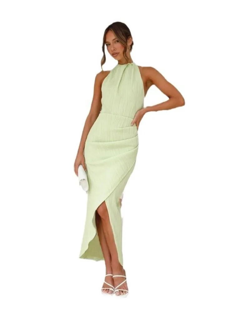 Robe Sexy dos nu, col suspendu, mode femme, couleur unie, ourlet irrégulier, Slim, sans manches, taille haute, été