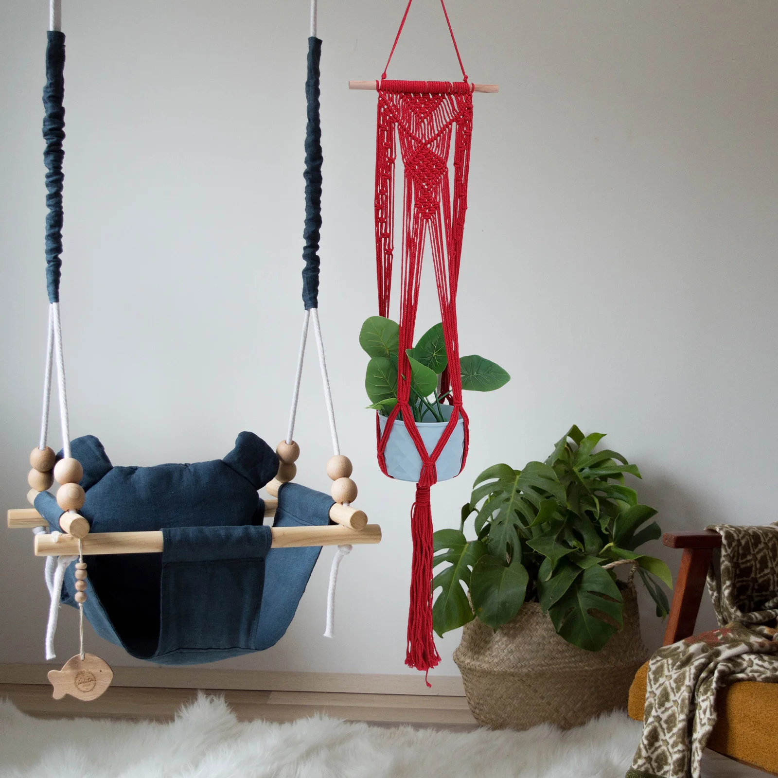Corda di cotone Vaso da fiori Borsa a rete Fioriera sospesa Cesto H Tessuto Durevole Porta piante da interno Rosso Decorazione da giardinaggio per bambini Ecologico