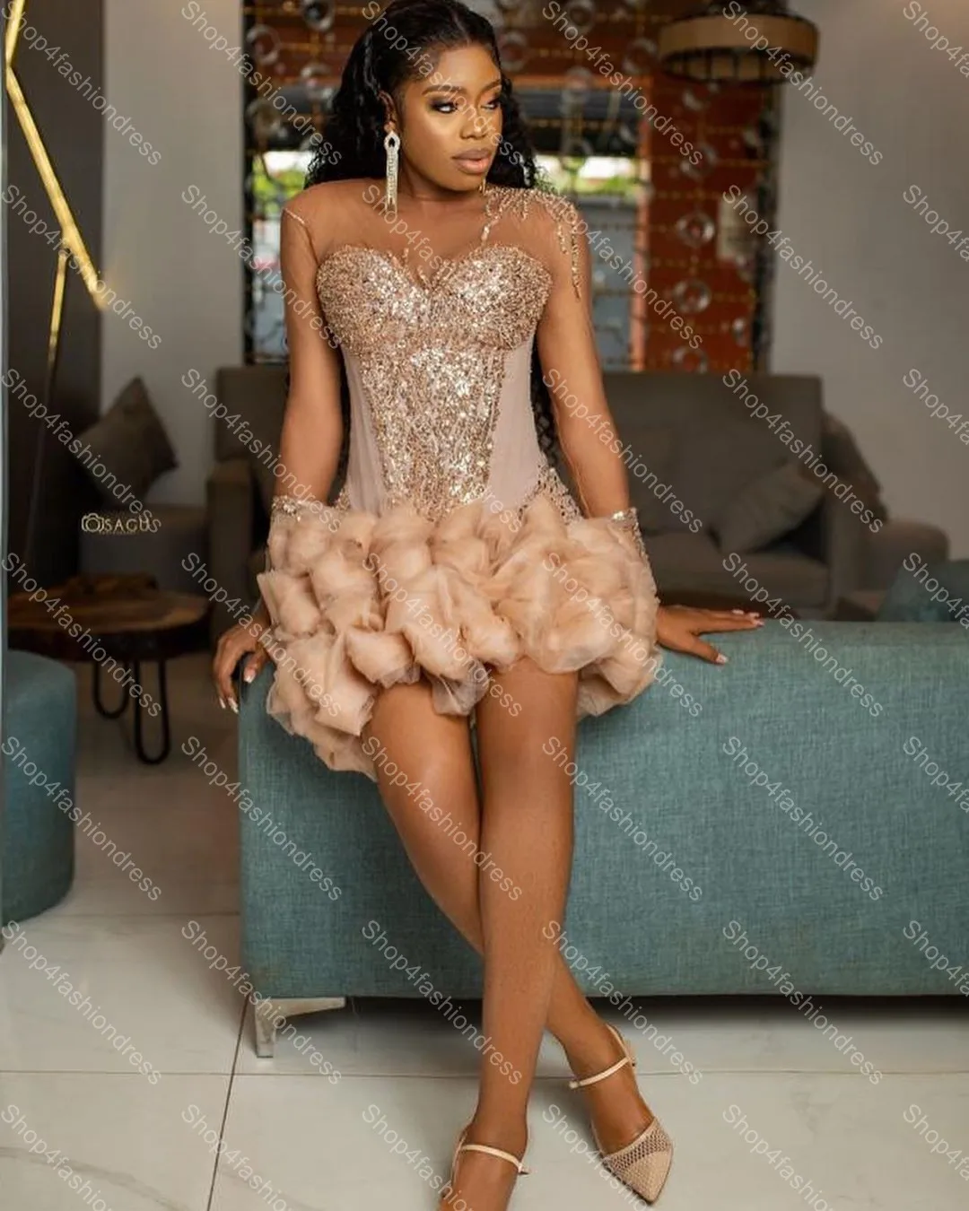 Glitter Champagne Sequins Tulle Mini Africa Cocktail Dress See Thru Illusion Ruffles Mesh Short Formal Party Gowns Aso Ebi Prom