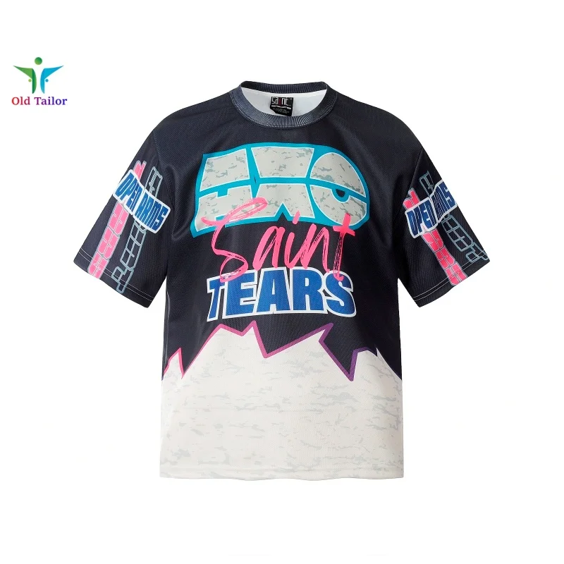 

Saint Full Print Patchwork Vintage Mens Womens T-Shirt Street Clothing Purple Black Round Neck Loose T-Shirt