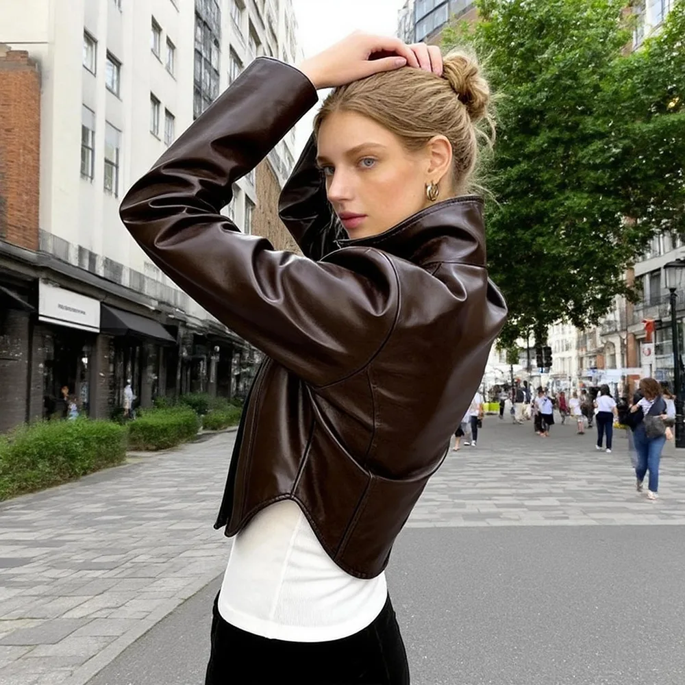 

Leather Jacket New in Coats Spring Fashion Short Grow Faux Leather Jacket Solid Waist Cinching Leather Jacket Full Sleeve Ladies