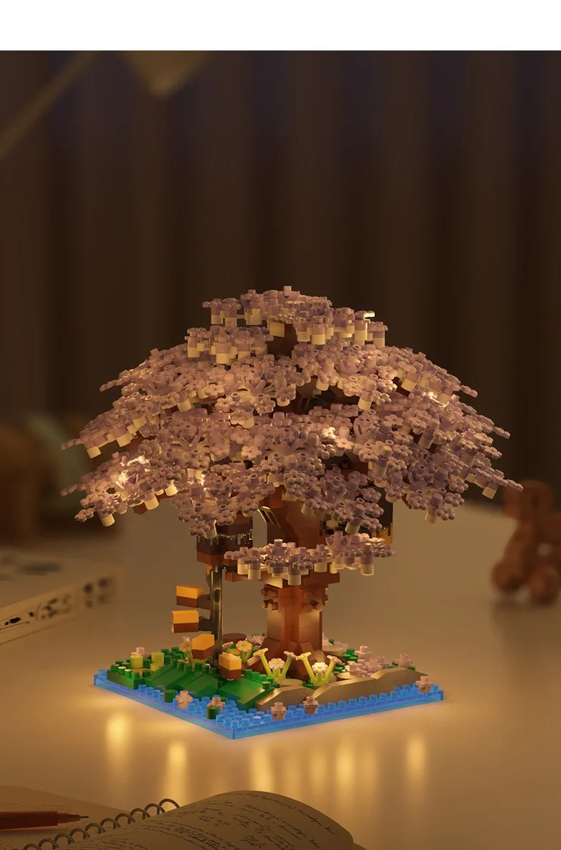 DIY Lila Romantische Kirschblüte Blume Rosa Baum Haus Montage Bausteine Klassisches Modell Miniatur Ziegel Sets Kind Geschenke – Detail 6