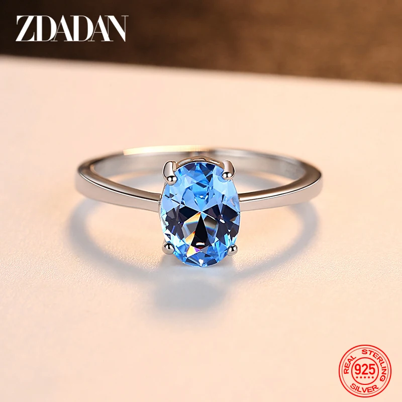 ZDADAN 925 Sterling Silver Blue Topaz Ring For Women Fashion Wedding Jewelry