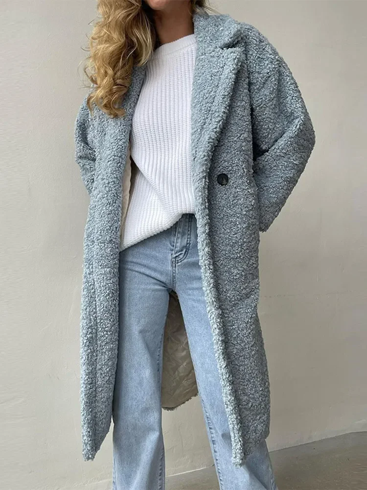 

Fashion Lambswool Long Coat Women Lapel Long Sleeve Pockets Buttons Female Overcoat Autumn Winter Thickening Warm Lady Outwear