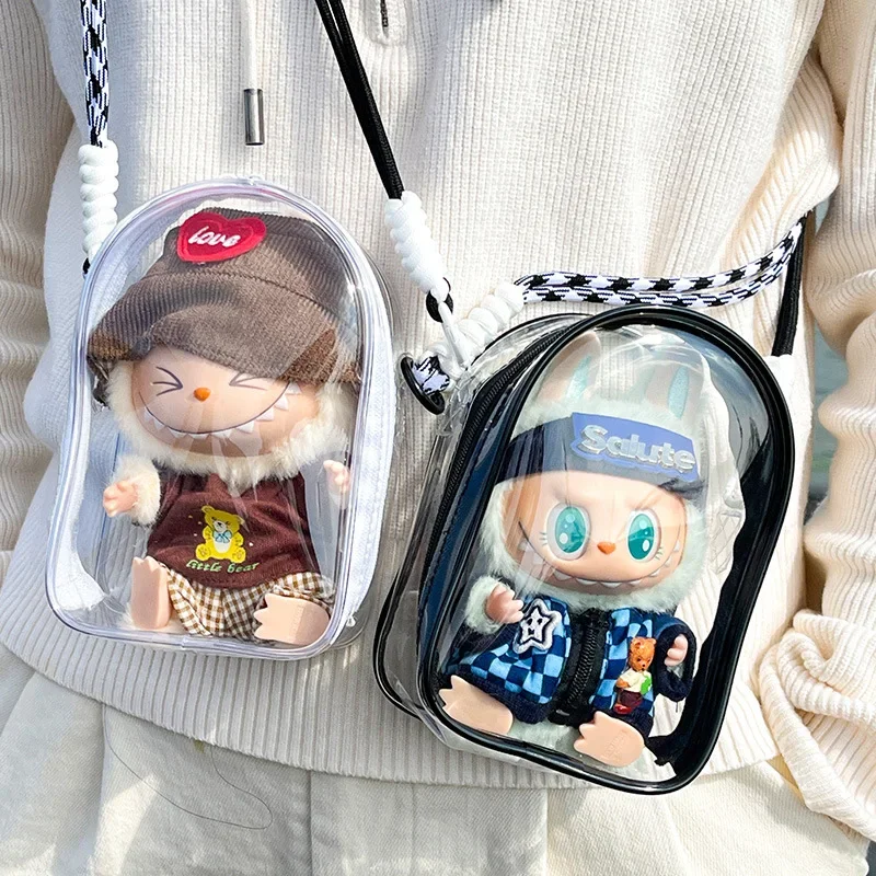 For 15cm Labubu v2 sitting party 15cm cotton doll outfit crossbody pain bag pvc storage bag Dolls Display Bag