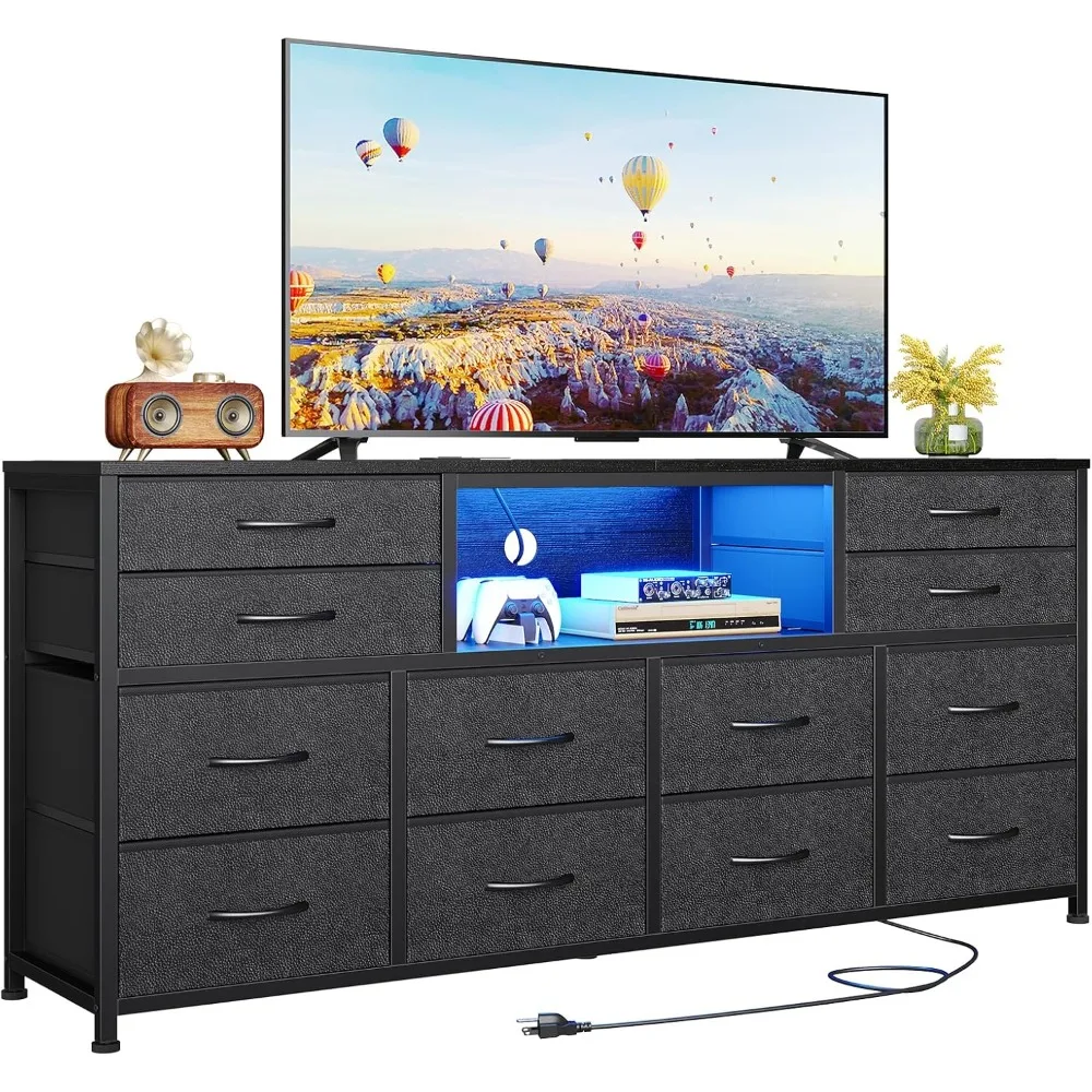 

LED TV Stand Dresser for Bedroom with Power Outlets, 55 inch Entertainment Center with 12 Drawers, Media Console Table