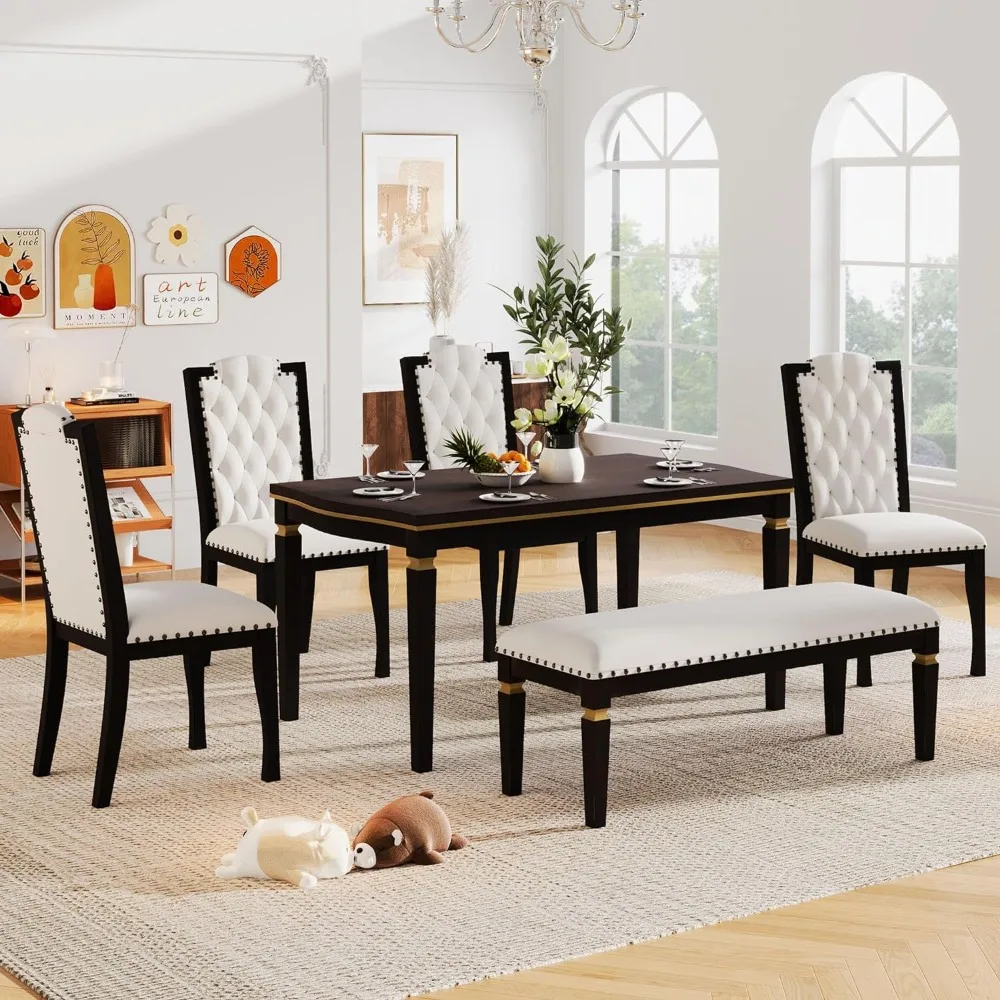 

Dining Room Table Set for 6, Modern 6 Piece Dining Table Set with 4 High-Back Tufted Chairs & 1 Bench, Table chair set