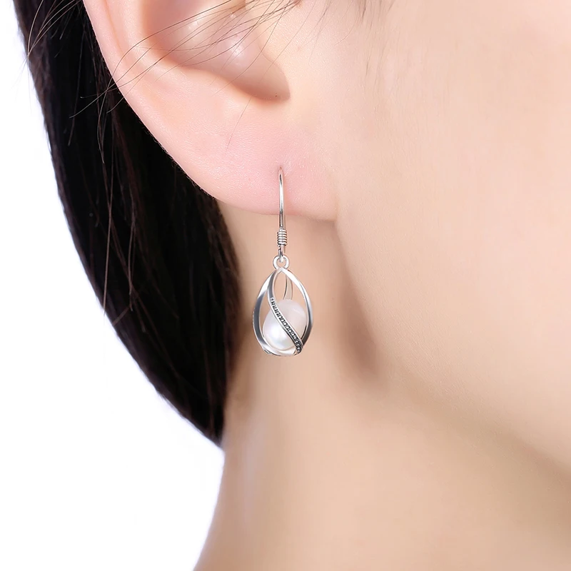 Fashion Cage Pearl Earrings For Women,Cute Real 925 Sterling Silver Natural Freshwater Black Pearl Earring Girls Birthday Gift