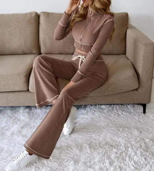 

Autumn 2025 Sports Suit with Contrasting Color Splicing Zipper Exposed Navel Jacket and High Waisted Lace Up Micro Pull Pant Set