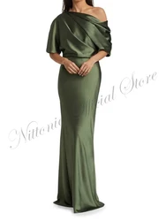 Simple Mother of the Bride Dress Satin Off Shoulder Half Sleeve Floor-Length Sheath Elegant Formal Occasion Wedding Guest 2024