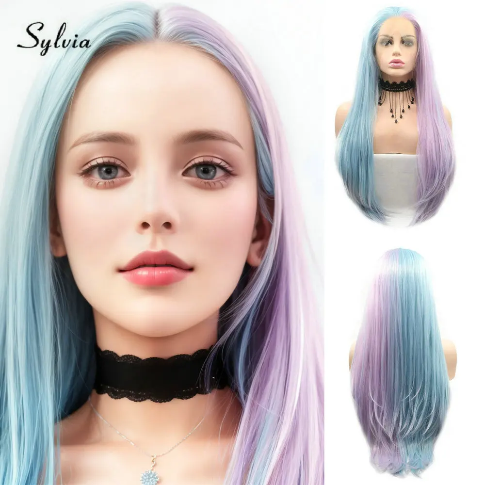 Sylvia Synthetic Lace Front Wigs for Women Long Straight Half Blue Half Lavender Lace Front Wig Natural Looking Middle Part Hair