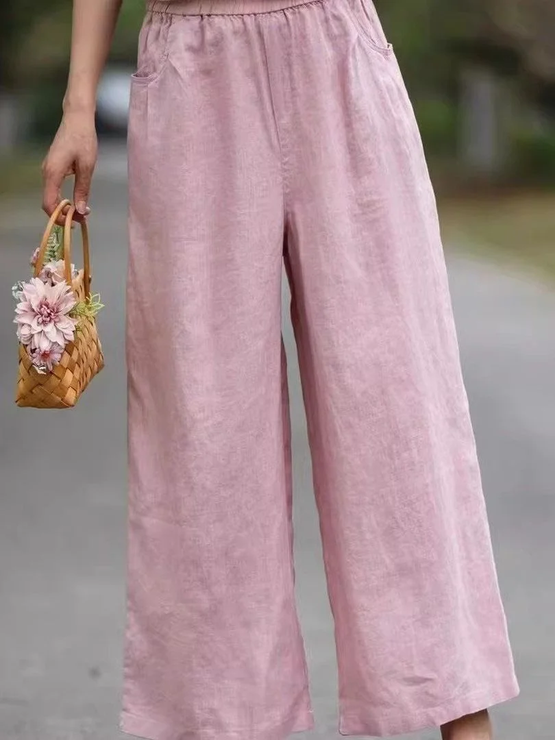 High Waist Wide Leg Pants Women Loose Slim Straight Cotton Linen Thin Nine Points Casual Pants Elastic Waist Casual Style