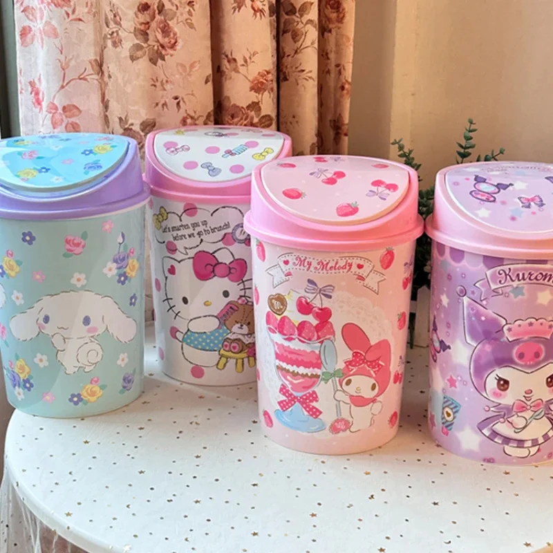 Cartoon Desktop Trash Can Kawaii Kuromi Melody Cinnamoroll Cute Flip Cover Paper Basket For Bedroom Room Decor