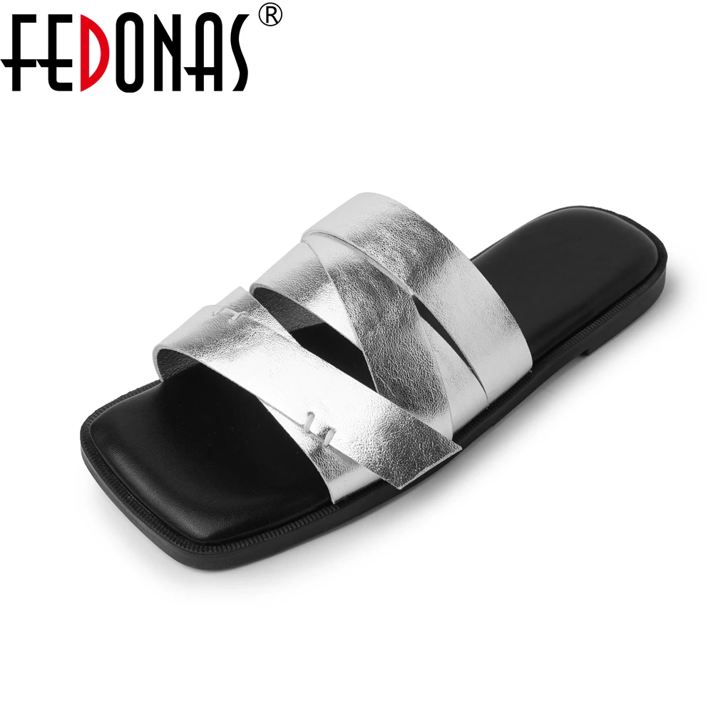 FEDONAS New Women Summer Flats Heels Sandals Genuine Leather Silver Black Comfort Summer Shoes Slippers Female Sandals Shoes